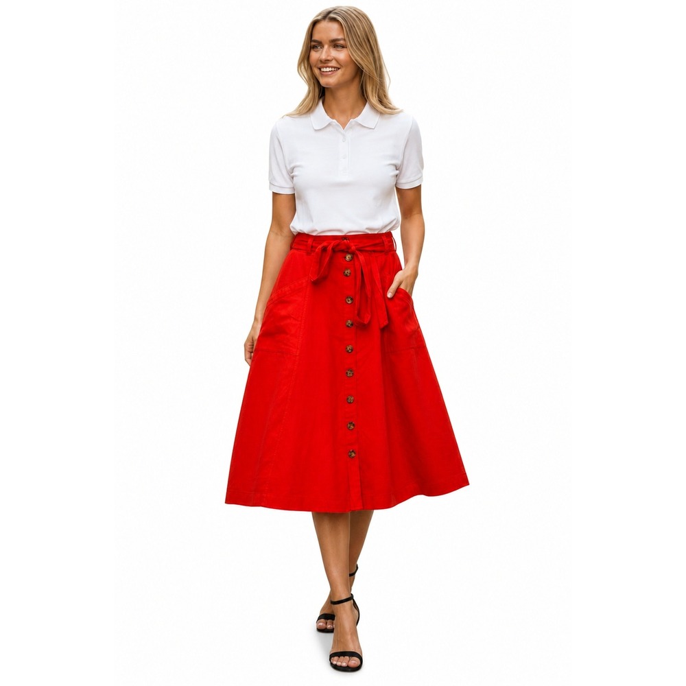 Maeve Anthropologie Red Linen Blend Midi Skirt Button Front Tie Waist Coastal S